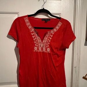 French Laundry Orange Short Sleeve Top with White Embroidery